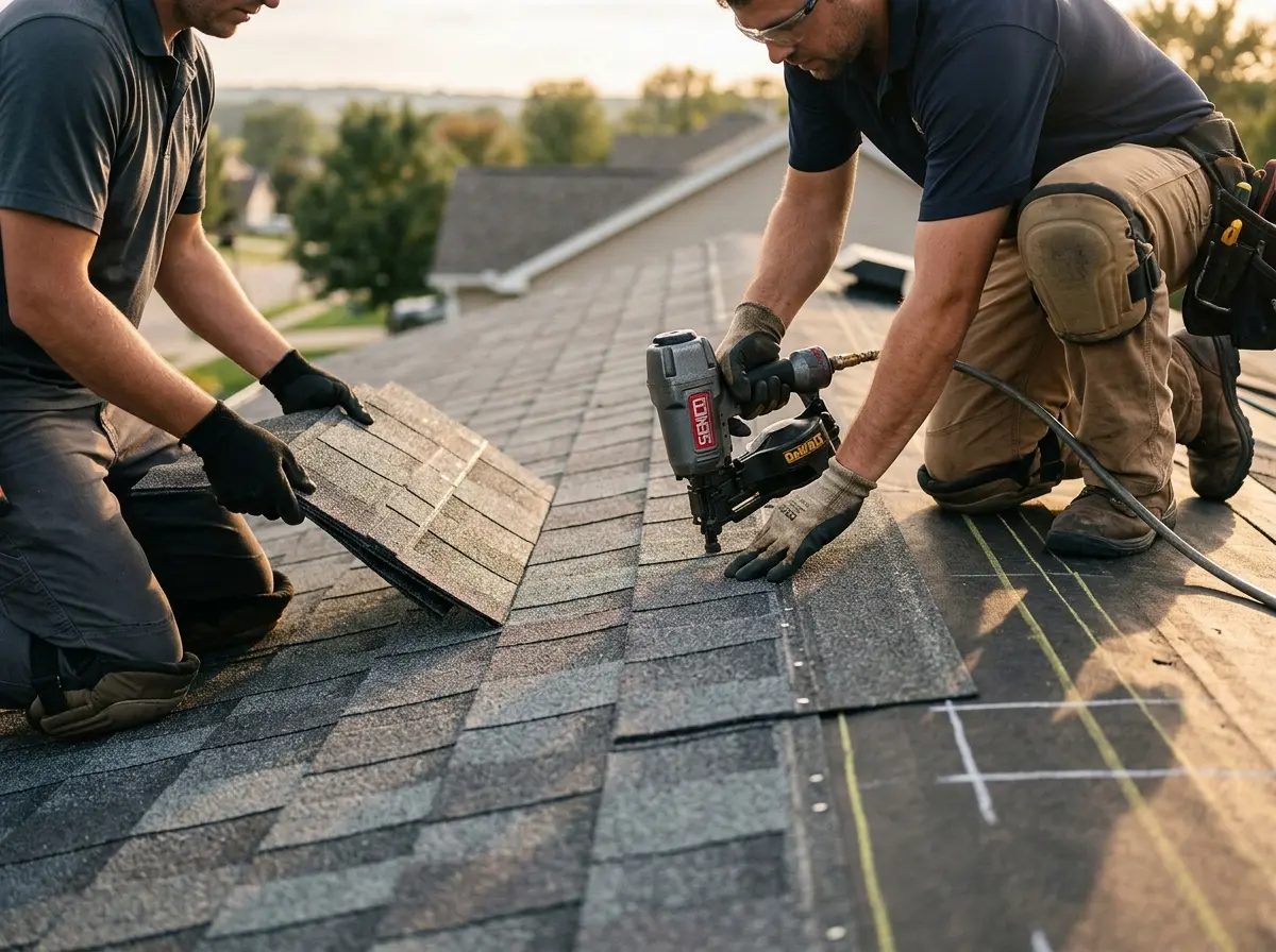 Professional roofer working on a residential roof in Rosamond